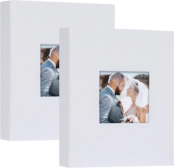Mublalbum 2 Pack Small 4x6 Photo Album Linen Cover with Display Window Mini Picture Book Each Holds 52 Vertical Pockets for Artwork Postcards or Pictures Storage (White)