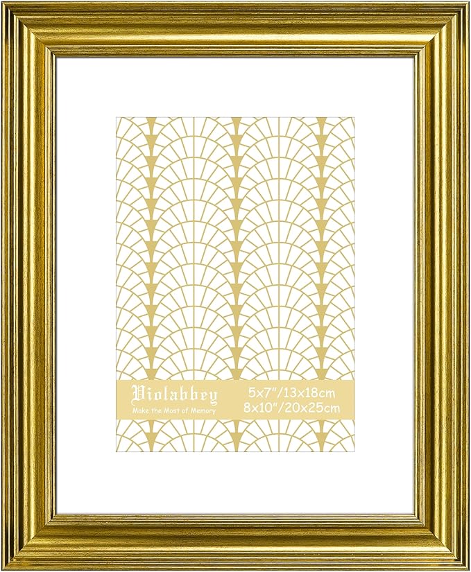 VIOLABBEY 8x10 Picture Frame Gold, Photo Frames, Fits Pictures 5x7 with Mat or 8 x 10 without Mat, Vintage Display for Tabletop and Wall