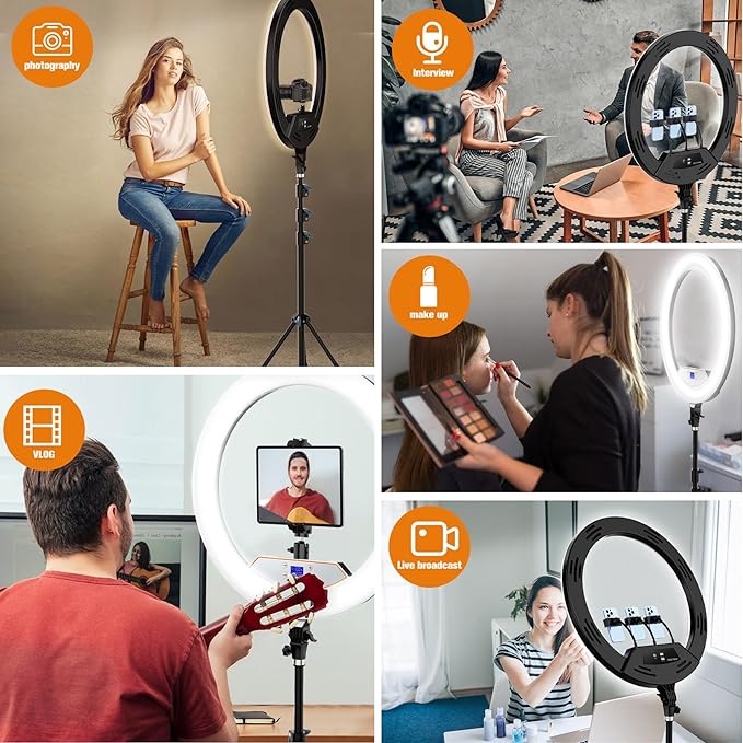 22"Ring Light with Stand,Ring Light Tripod for iPhone ipad,with 75"Tripod/LCD Display/4 ipad iPhone Clips/2 USB Ports,2600K-6500K Color Temperature,for Barber Makeup Tattoo TikTok Video Recording Vlog