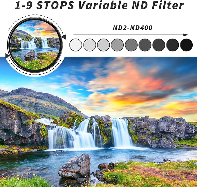 GREEN.L 62mm Variable ND Filter, Ultra Slim ND2 to ND400 (1-9 Stops) Adjustable Neutral Density Filter for Camera Lens