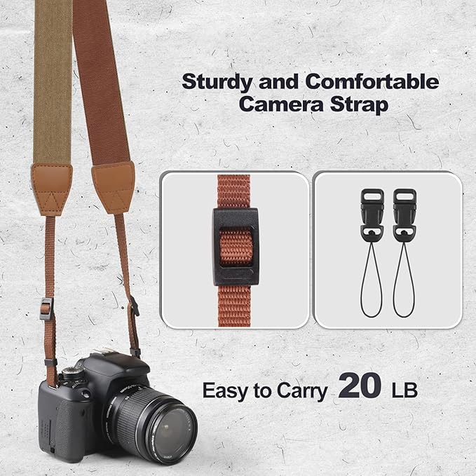 Universal Camera Strap - Camera Neck Strap, Adjustable Shoulder Straps Compatible with Canon, Fujifilm, Nikon, Olympus, Panasonic and other SLR and mirrorless cameras - Khaki and Brown