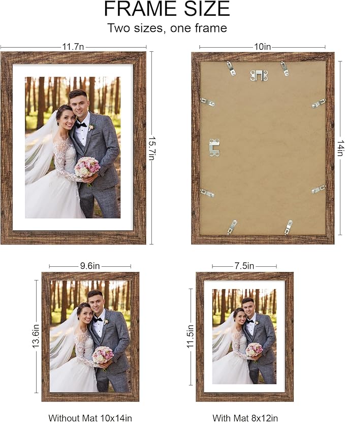 10x14 Picture Frame Set of 4, Made of Glass and Rustic Brown Wooden Frame, Display 8x12 Pictures with Mat or 30 x 40cm Diamond Painting Art without Mat for Wall Mounting, Gallery Photo Frames