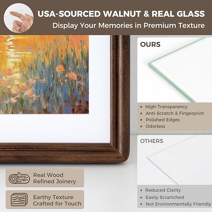 Dreamland 4x6 Picture Frame, Solid Walnut Wood 4x6 Photo Frame, 4 by 6 Wood Frames with Real Glass for Tabletop & Wall Display, 4x6 Frame Matted to 3.5x5