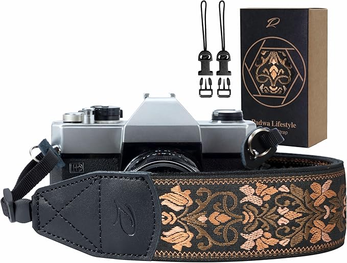 Padwa Lifestyle Camera Strap - 2" Wide Vintage Jacquard Embroidery Flower Camera Straps with Genuine Leather Head,Complimentary 2 Pcs Quick Release Clips for All Cameras and Men & Women Photographers