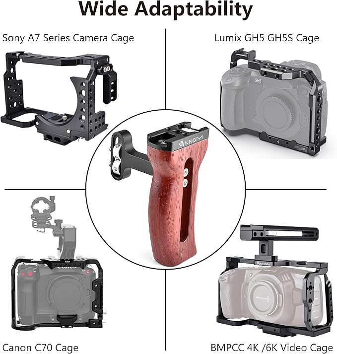 Side Wooden Handle Grip for DSLR Camera Cage, Cold Shoe Mount, Built-in Wrench, Threaded Holes, Left Right Compatible iPhone/Smartphone/Video Rig Videography/Camera Cage