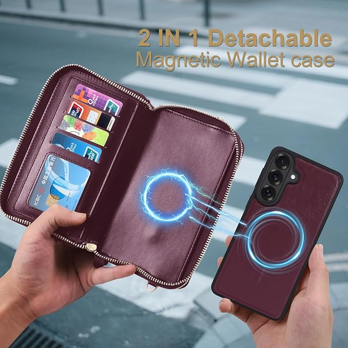 Harryshell Compatible with Samsung Galaxy S26 Case Wallet Multi Zipper Detachable Removable Cover Purse with Card Slots Holder Mirror Crossbody Strap (Compatible with Magsafe-Burgundy)