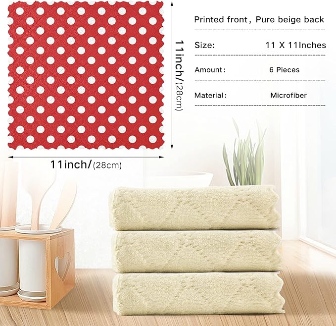 CaTaKu Red Polka Dots Microfiber Reusable Cleaning Cloths Kitchen Dish Cloths Dish Rags for Washing Dishes, Polka Dots Dish Towels Washcloths for Kitchen Drying, 6 Pack