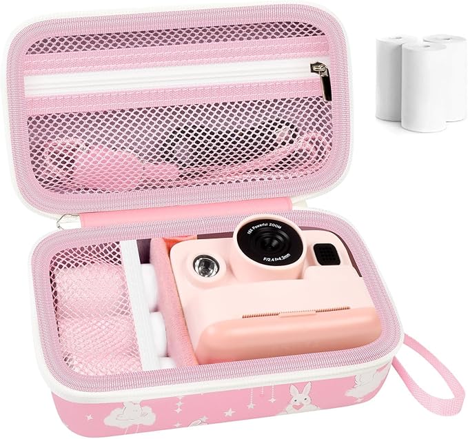 Case Compatible with DYLANTO for ESOXOFFORE for ETIKEZ for YTETCN for DUDUDRAGON Instant Print Camera, Kids Camera Storage for Accessories (Box Only) (Case and 3 Paper Rolls, Pink-Rabbit)