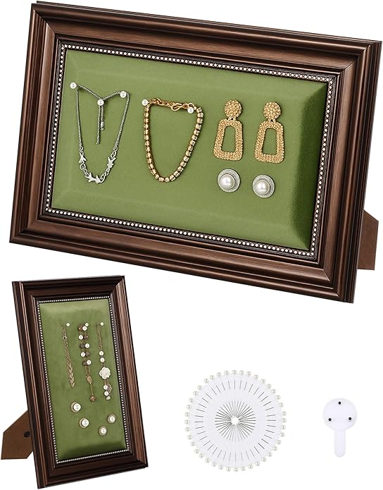 Vintage Jewelry Display Stand Necklace Earring Ring Holder 11.8 x 7.9 Inch Jewelry Tray Storage Photograph Prop Photo Frame with Green Velvet Backing for Selling Vendors Boutique Women Gift