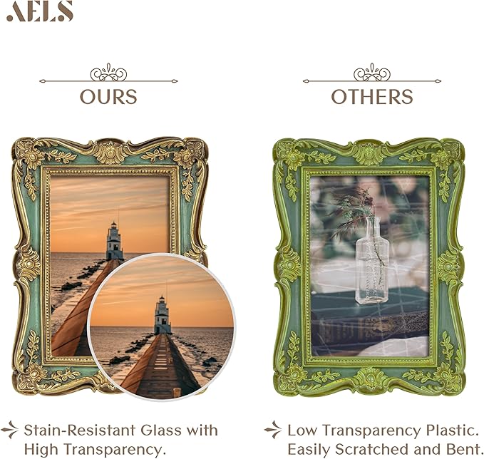 AELS 4x6 Inch Vintage Picture Frame, Elegant Antique Photo Frames with Glass Front, Photo Display, Tabletop Wall Hanging, Gift Ideas, Gold and Green