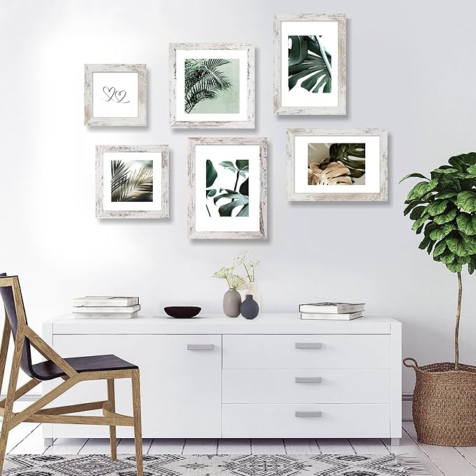 6x6 Picture Frame Set of 4, Made of Glass and Distressed White Wooden Frame - Display Picture 4x4 with Mat or 6 x 6 Without Mat, 6x6 Photo for Wall or Tabletop