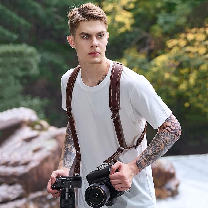 Padwa Lifestyle Brown Dual Camera Harness for Two Cameras - Wide Strap with Thick Shoulder Padded,Full Grain Leather Double Harness,Multi Camera Gear for DSLR Strap for Photographers