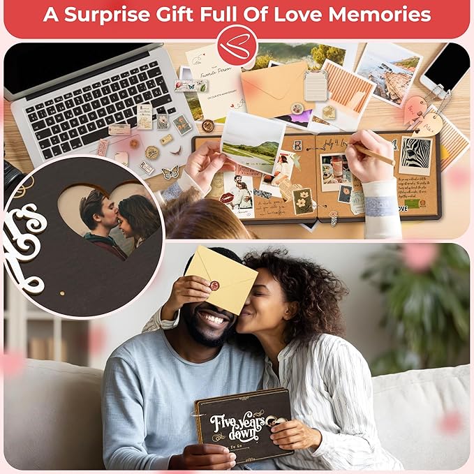 Stofinity 5 Year Anniversary Wood Gifts For Men Women - Unique 5 Year Wedding Gifts For Husband Wife, Wooden Anniversary Scrapbook Photo Album Journal, Romantic 5th Marriage Gift For Couple