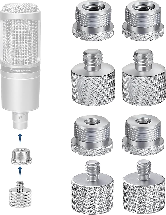 IXTECH Mic Stand Adapter Set 8 pieces Metal Microphone Stand Screw Thread Adapter 5/8 Female to 3/8 Male 3/8 Female to 5/8 Male 5/8 Female to 1/4 Male 1/4 Female to 5/8 Male Tripod Adapter ADP03A Slvr
