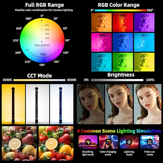 RGB LED Photography Light 10400mAh Battery Powered Tube Light Waterproof IP68 Full Color RGB Portable Lighting Wand Stick for Video Recording Studio, 12 Lighting Modes, 3000K 6000K CRI95+