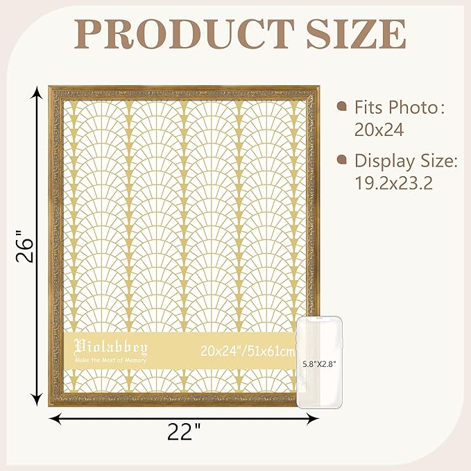VIOLABBEY 20x24 Gold Frame, Vintage Poster Picture Photo Frames Ornate without Mat for Wall Hanging