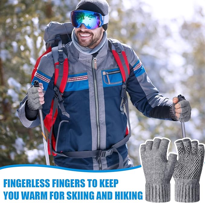 Geyoga 2 Pairs Wool Fingerless Fishing Gloves for Men Women Anti-Slip with Grip Dots Warm Winter Fly Ice Fishing Gloves