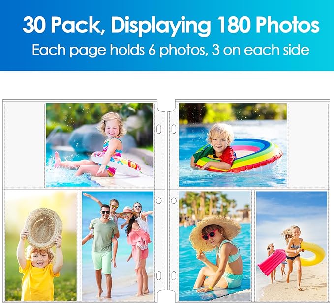 MaxGear 30 Pack 4x6 Photo Sleeves for 3 Ring Binder (180 Pictures), Heavy-Duty Archival Page Protectors, 3-Pocket Clear Photo Album Refill Pages, Plastic Seed Binder Pages 8.5x11, Postcard Sleeves