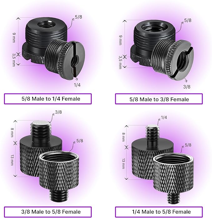 IXTECH Mic Stand Adapter Set 8 pieces Metal Microphone Stand Screw Thread Adapter 5/8 Female to 3/8 Male 3/8 Female to 5/8 Male 5/8 Female to 1/4 Male 1/4 Female to 5/8 Male Tripod Adapter ADP03A Blck