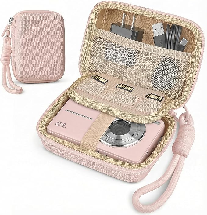 Digital Camera Case for CAMKORY/KODAK PIXPRO FZ45/FZ55/Canon IXUS 285 HS/AbergBest/Sony DSCW800/DSCW830 - Small Travel Compact Camera Holder with Mesh Pocket for SD Card & Accessories (Rose Gold)