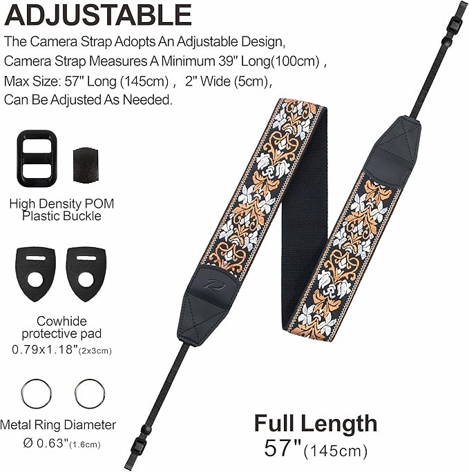 Padwa Lifestyle Camera Strap - 2" Wide Vintage Jacquard Embroidery Brown Flower Camera Straps with Genuine Leather Head,Adjustable Neck Shoulder Strap for All Cameras and Men & Women Photographers
