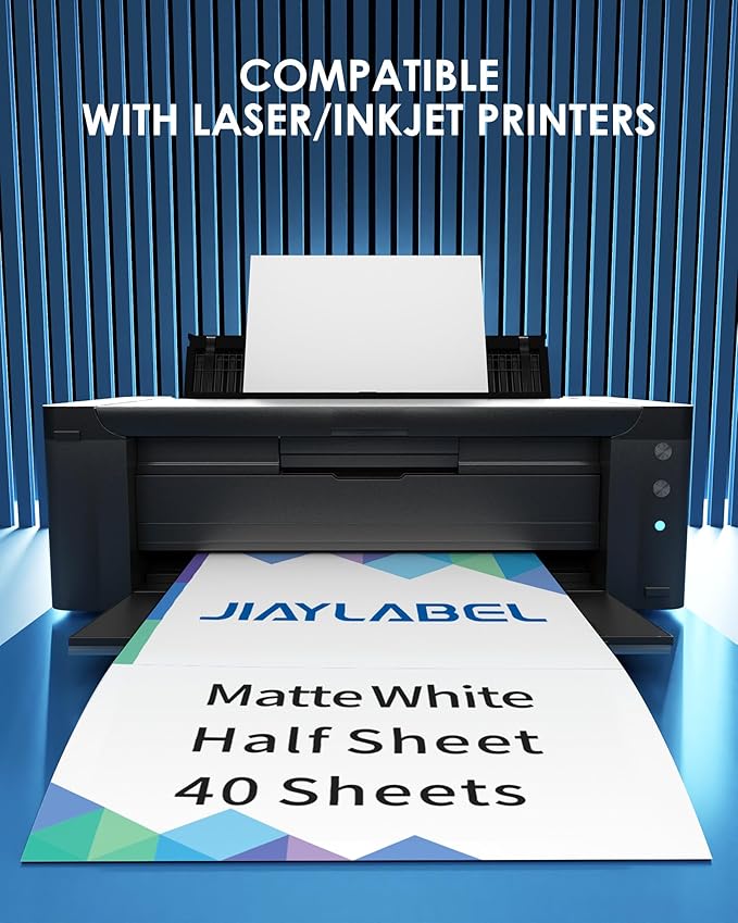 Shipping Label Address Mailing Stickers 8.5x5.5 Half Sheet 40 Sheets Paper for Inkjet Printer Printable Name Tag Printing Labeling to Write on Envelopes Storage Bins File Folder Blank White 8.5 x 11