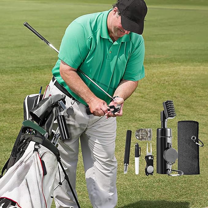 Golf Club Cleaning Kit,Golf Accessories,Golf Cleaning Kit with Golf Club Cleaner Water Brush,Towel,Divot Repair Tool,Groove Sharpener,Golf Ball Alignment Complete Golf Kit