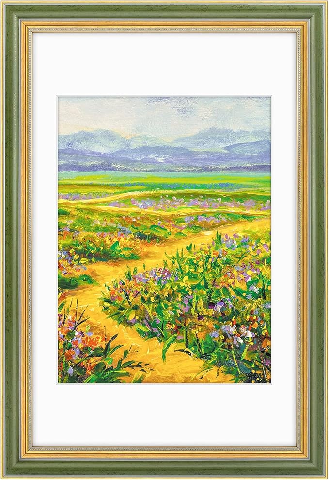 Golden State Art,11x17 Ornate Picture Frame for 9x12 Photo With Mat or 11 x 17 Prints Without Mat, Real Glass Wall Display Horizontally or Vertically (Color:Green Gold)
