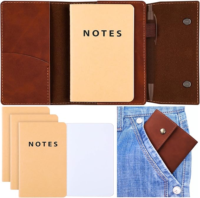 Frienda Field Notebook Leather Cover with 3 Pcs Pocket Notebooks 3.5" x 5.5" Small Journal Note Cover Blank Mini Notepad Holder Memo Sheets for Offices Meetings Daily Records Travel