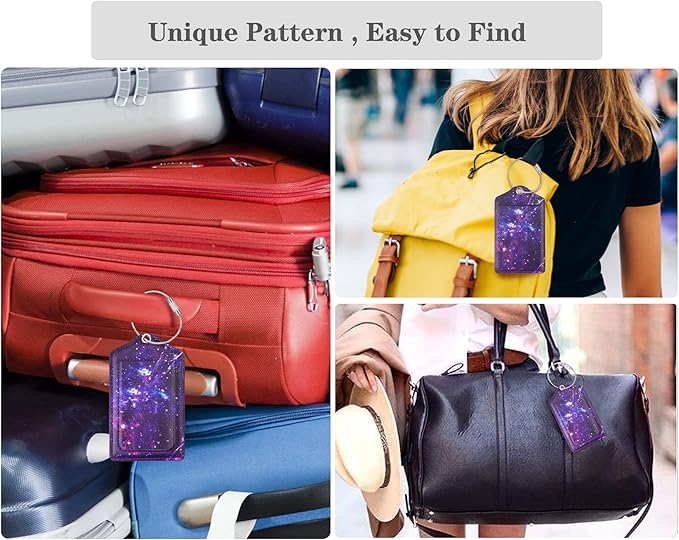 (Set of 2) Luggage Tag Leather Privacy Cover ID Label Address Card with Stainless Steel Loop, Travel Bag Tags Suitcase Labels, Nebula