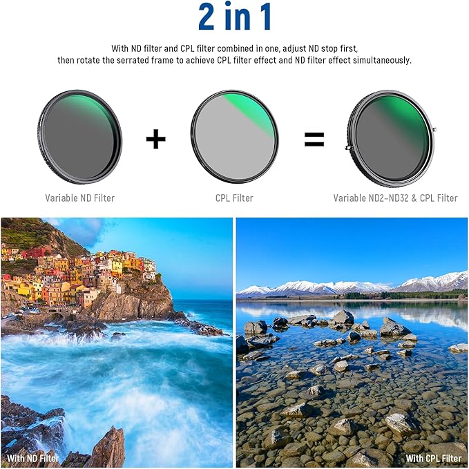 NEEWER 2 in 1 52mm Variable ND Filter ND2–ND32&CPL Filter(Circular Polarising) No X Cross/30 Layer Nano Coated/HD Optical Glass/Water Repellent/Scratch Resistant Polarizing Filter