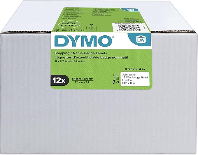 Dymo 54 mm x 101 mm LW Large Shipping Labels/Name Badges, 12 Rolls of 220 (2,640 Easy-Peel Labels), Self-Adhesive, for LabelWriter Label Makers, Authentic - Black, White