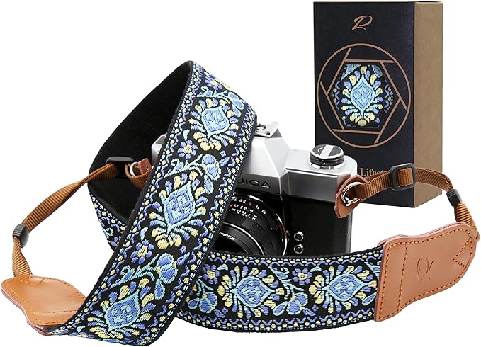 Padwa Lifestyle Camera Strap - 2" Wide Double Layer Cowhide Head Camera Straps for Photographers, Universal Neck & Shoulder Cotton Padded Vintage Strap for All DSLR Cameras（Blue Embroidery Floral）