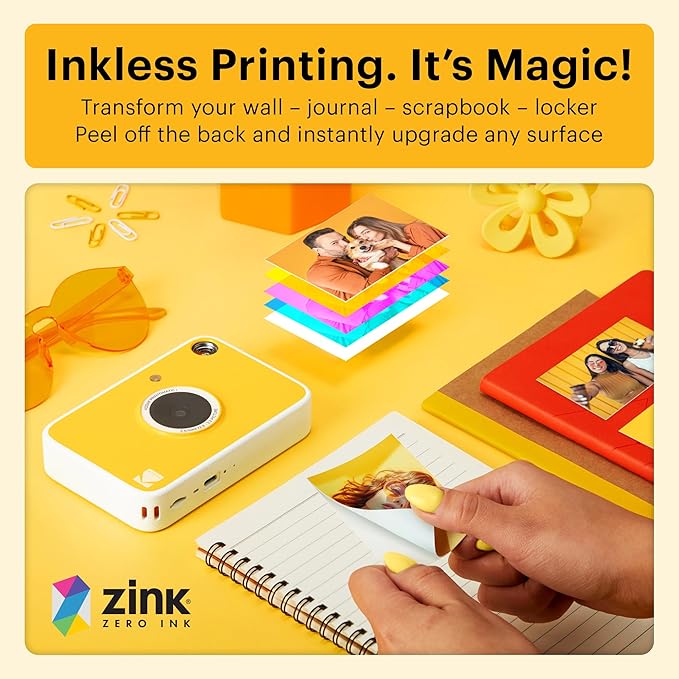 Kodak Printomatic+ Instant Print Digital Camera (Yellow) 10MP Portable Camera with Interactive RGB LED Status Indicator, Prints Full-Color Photos on Zink 2x3” Sticky-Backed Photo Paper - Easy & Fun