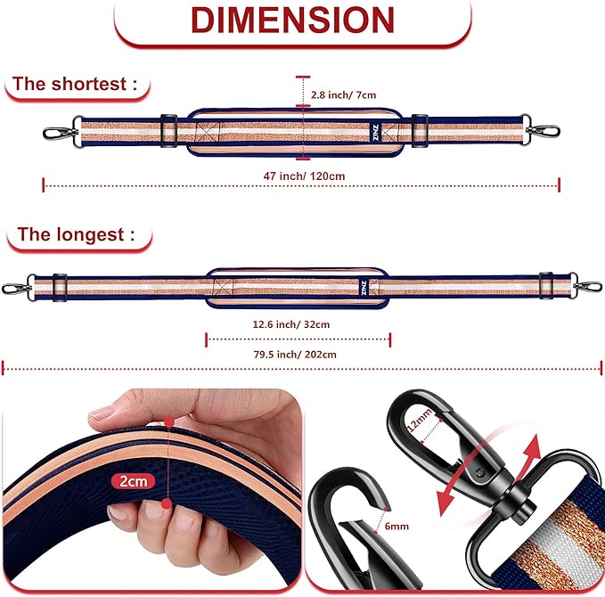 ZINZ 79.5" Universal Strap with Ultra-Thick Fixed Breathable Pad - Adjustable Heavy-Duty Shoulder Strap for Laptop, Crossbody, Luggage, Gym, Camera Bag and More - TH01B06