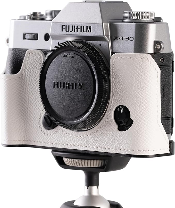 Handmade Genuine Leather Camera Half Case for FUJIFILM X-T30III /FUJIFILM X-T30III Camera Case/FUJIFILM X-T30III Case - Top Layer Cowhide Body + Metal Base Plate (White)