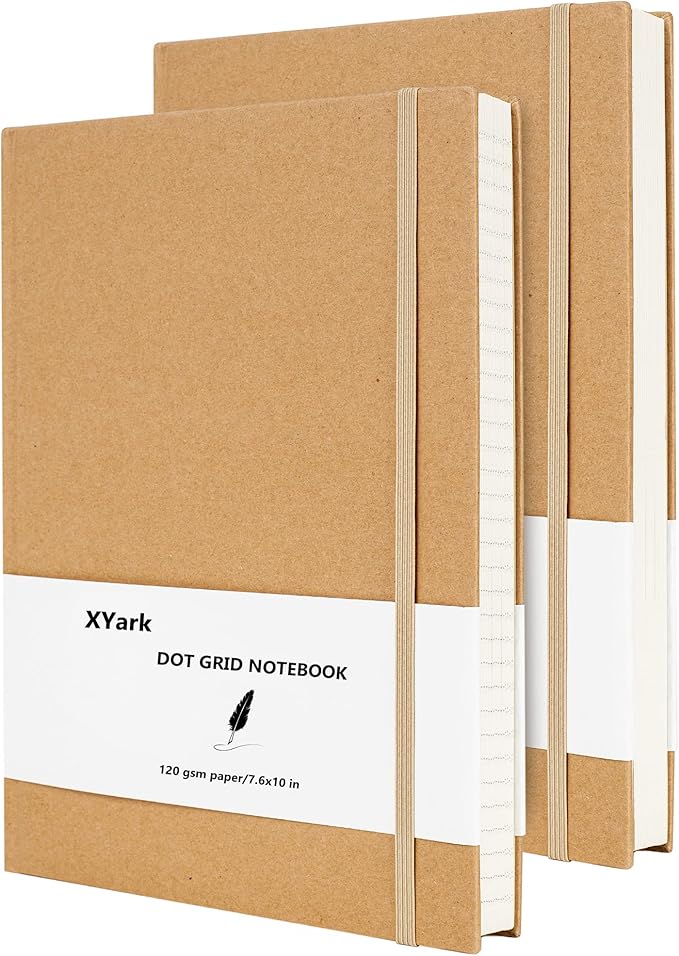 XYark Large B5 Dot Grid Notebook Journals, Kraft Hardcover Sketchbook Subject Composition Notebooks with Dotted Grid Paper, 2 Pack, 120GSM, 102 Sheets, 7.6x10 inch, Travel Journal Set