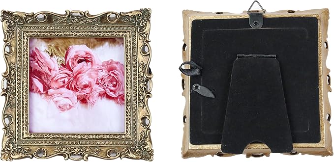 Hymmah 3 * 3inch Mini Wallet Picture Frame Vintage Photo Frame Ornate Textured Hand-Crafted Resin Frame with Easel&Hook for Tabletop&Wall Display,Photo Gallery,Art