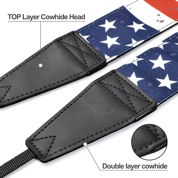 Padwa Lifestyle American Flag Print Camera Strap - 2" Full Grain Leather Ends, Vintage Flag Pattern Camera Straps for Photographers, Soft Chamois Velvet Padded Strap Quick Release fits All Cameras