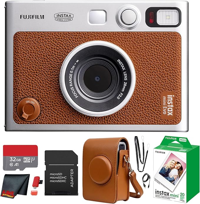 Fujifilm Instax Mini EVO Hybrid Instant Camera (Brown) Bundle with Instax-Mini Twin Pack Instant-Film 20 Sheets + 32GB Memory Card + Vintage Brown Mini-Evo Camera Case + Cleaning Cloth