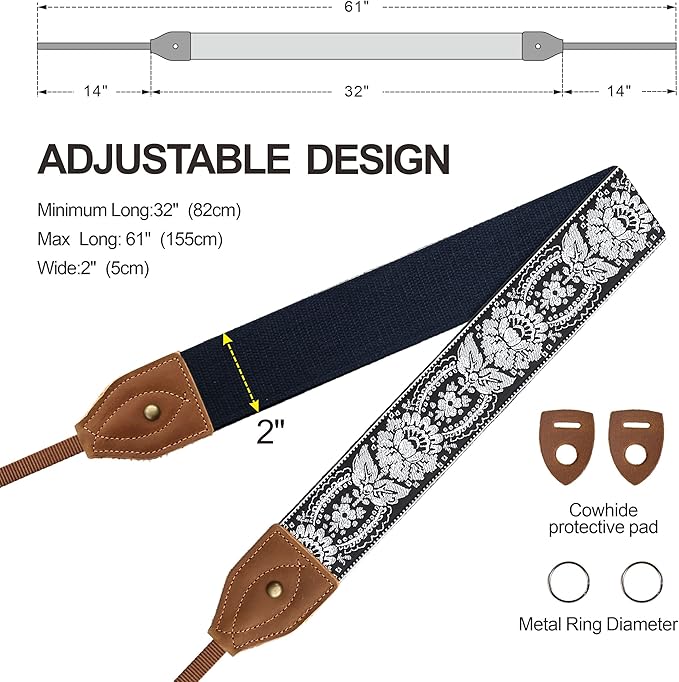 Padwa Lifestyle 2" Wide Classic Crazy Horse Art Cowhide Head Camera Strap - Jacquard Embroidery Floral Vintage Camera Straps for Photographers Gift, Adjustable Shoulder Neck Strap Fits DSLR Cameras