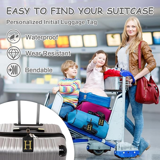 Initial Luggage Tags for Suitcases, Cute Embroidered Letter Luggage Bag Suitcase Identifier Name Baggage Tag, PU Leather Travel Luggage Tags, Bag Tags for Men Women Kids Luggage Handbags(Black H)