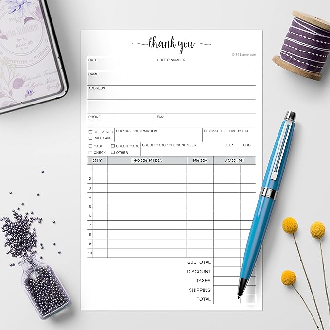 321Done 2-Part Carbonless Thank You Receipt Pad 5.5x8.5, Made in USA, Carbon Copy Sales Receipt Book Purchase Order Form for Small Boutique Craft Business (50 Sets) White/Yellow, Thick Paper