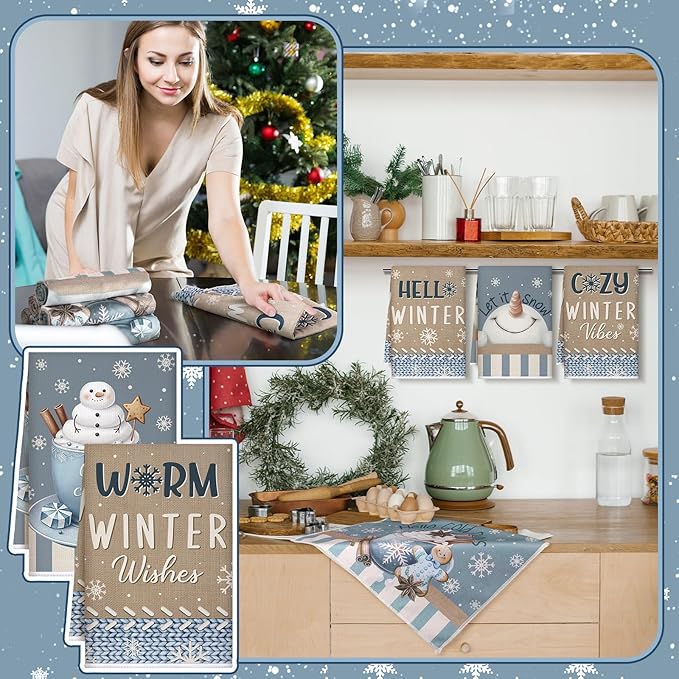 Preboun 6 Pcs Winter Snowman Kitchen Towels Christmas Snowman Cocoa Hand Towels Hello Winter Dish Cloth Decorative Farmhouse Xmas Tea Cloth Absorbent for Holiday Kitchen Bathroom Decor