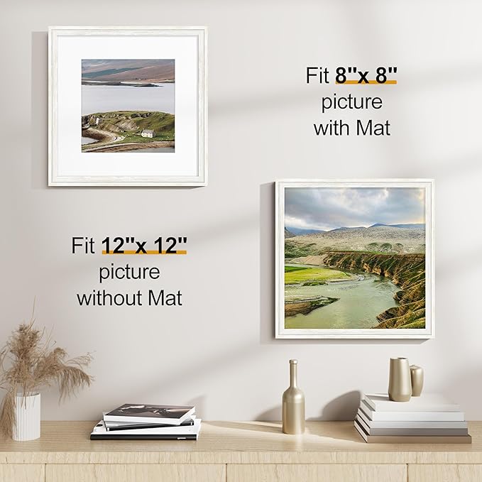 Vittanly 12x12 Picture Frames Set of 2, Ornate Vintage Photo Frame for Wall or Tabletop, Display 8x8 Pictures with Mat or 12x12 without Mat, Rustic White