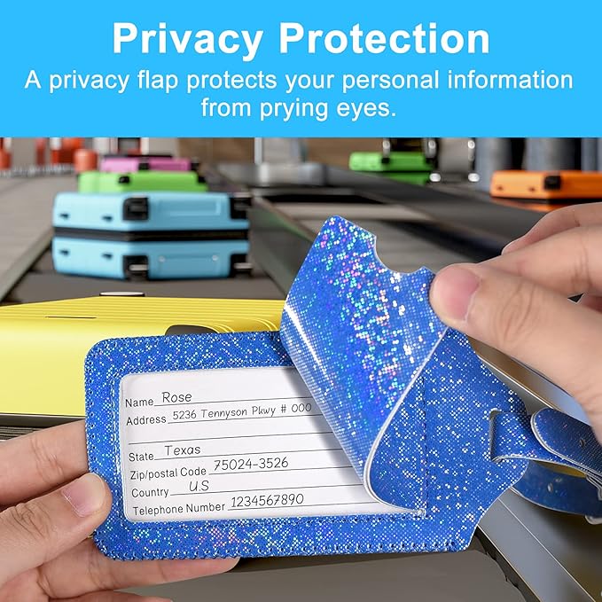 ACdream Luggage Tags 2 Pack, Leather Suitcase Tags Identifiers, Cute Cruise ID Labels with Privacy Cover fits on Backpack, Travel Bag, for Women, Men, Adults, Kids, Royal Blue Glitter