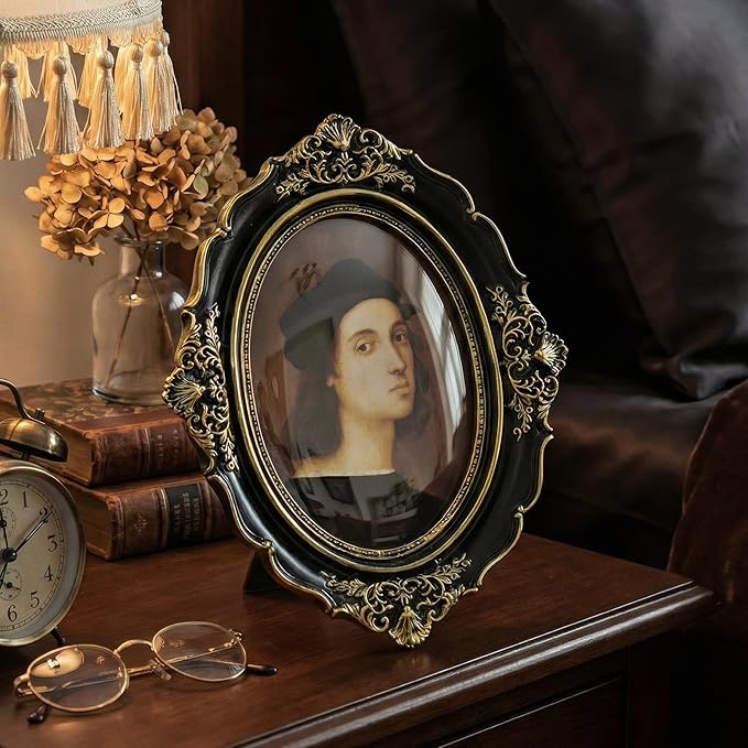 Cuspin 5x7 Picture Frame Black and Gold, Vintage Ornate Baroque Resin Photo Frame with Glass Front for Wall Hanging or Tabletop Display, Oval Frames for Horizontal or Vertical