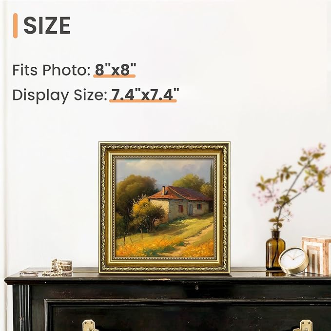 upsimples 8x8 Picture Frame with Real Glass, Ornate Vintage 8 x 8 Photo Frames for Wall Decor or Tabletop Display, Gold, 2 Pack