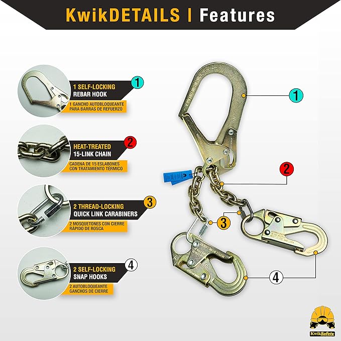 KwikSafety - Charlotte, NC - REBAR Romeo 29" Steel Rebar Chain Assembly [SELF-Locking Hooks] ANSI OSHA Lightweight Positioning Lanyard/Double Snap Hooks, Rebar Hook, Heat-Treated Twist Chain