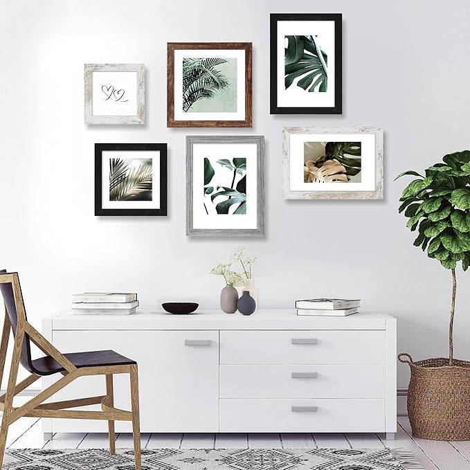 8x8 Picture Frame Set of 4, Made of Glass and Multicolour Wooden Frame, 8 by 8 Photo for Wall or Tabletop - Display Picture 6x8 with Mat or 8x8 Without Mat